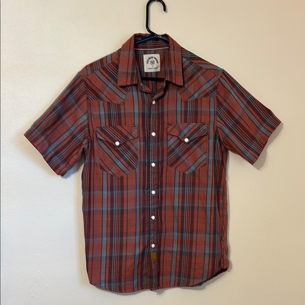 Dubi Nik Red and Blue Western Style Casual pocketed pearl snap Down Shirt small